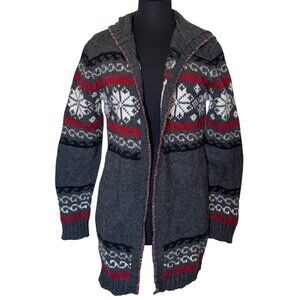 Old Navy Open Hooded Knit Fair Isle Sweater 100% Lambswool Women's Size L